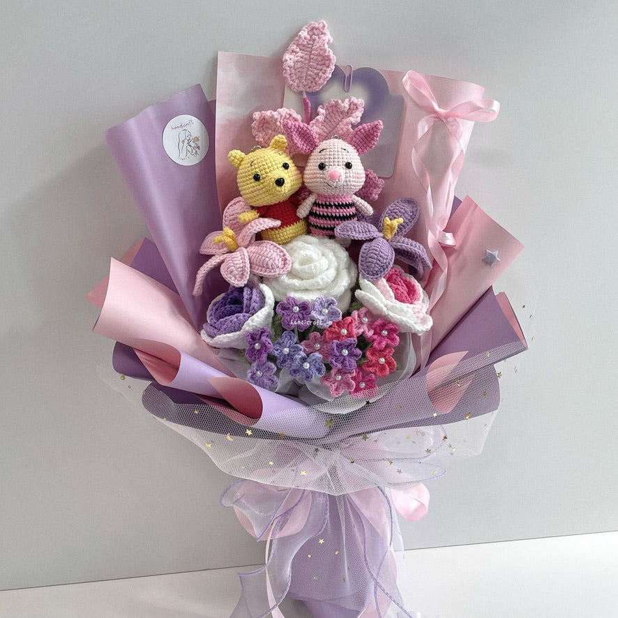 handicroft handmade crochet winnie the pooh & piglet amigurumi pastel pink & purple flower bouquet pooh & piglet pastel blooms