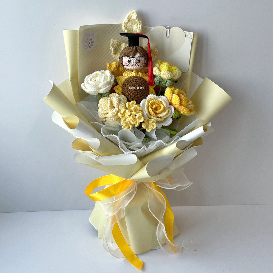 handicroft handmade crochet yellow graduation flower bouquet sunshine of success