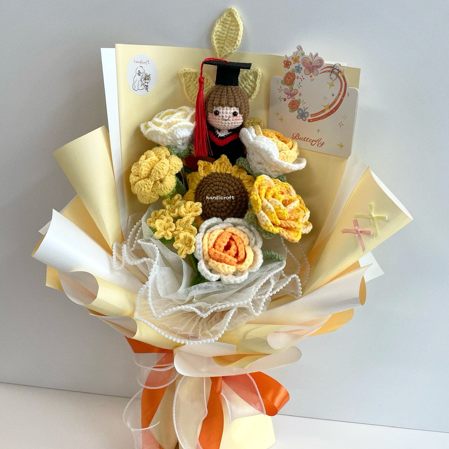 handicroft handmade crochet yellow graduation flower bouquet sunshine of success