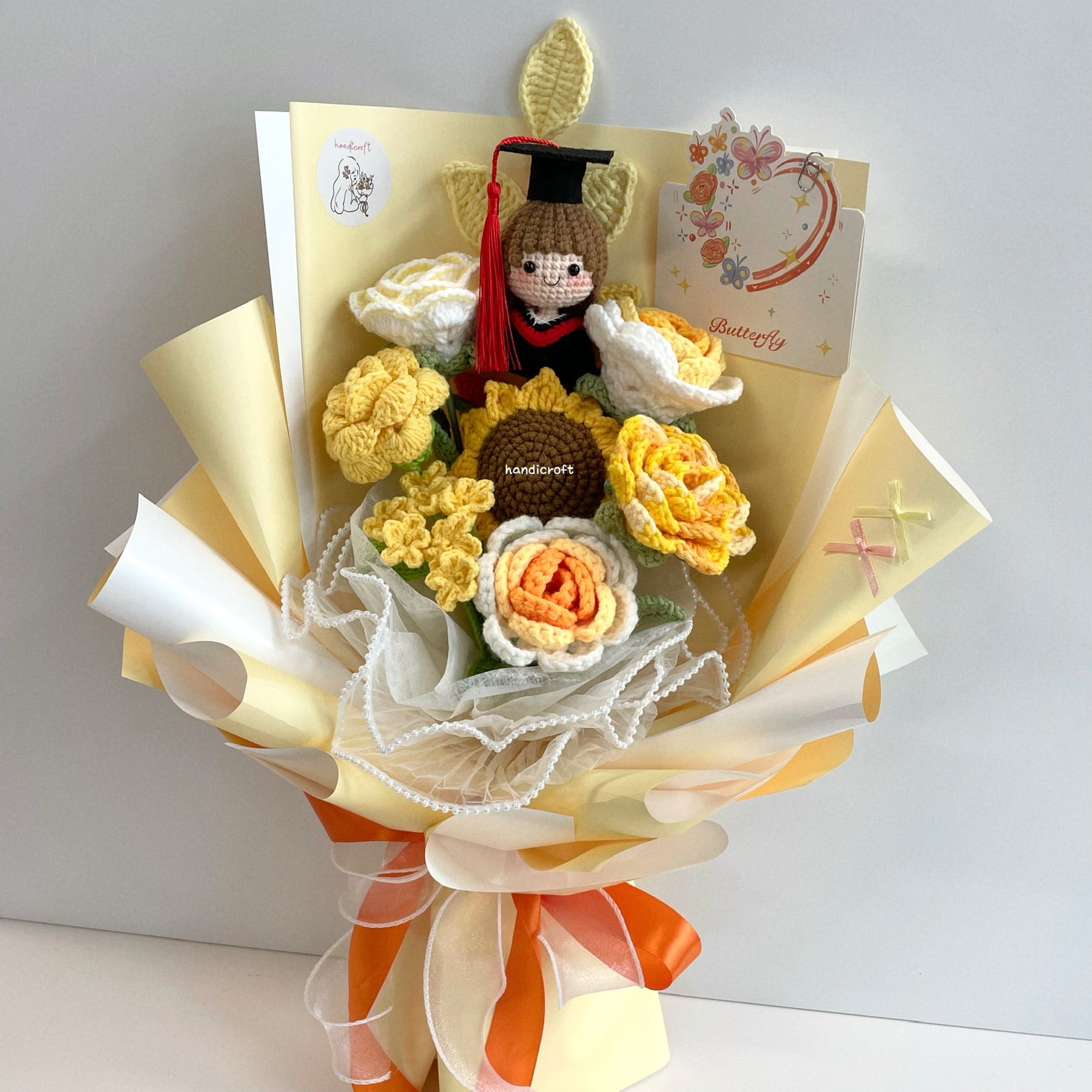 handicroft handmade crochet yellow graduation flower bouquet sunshine of success