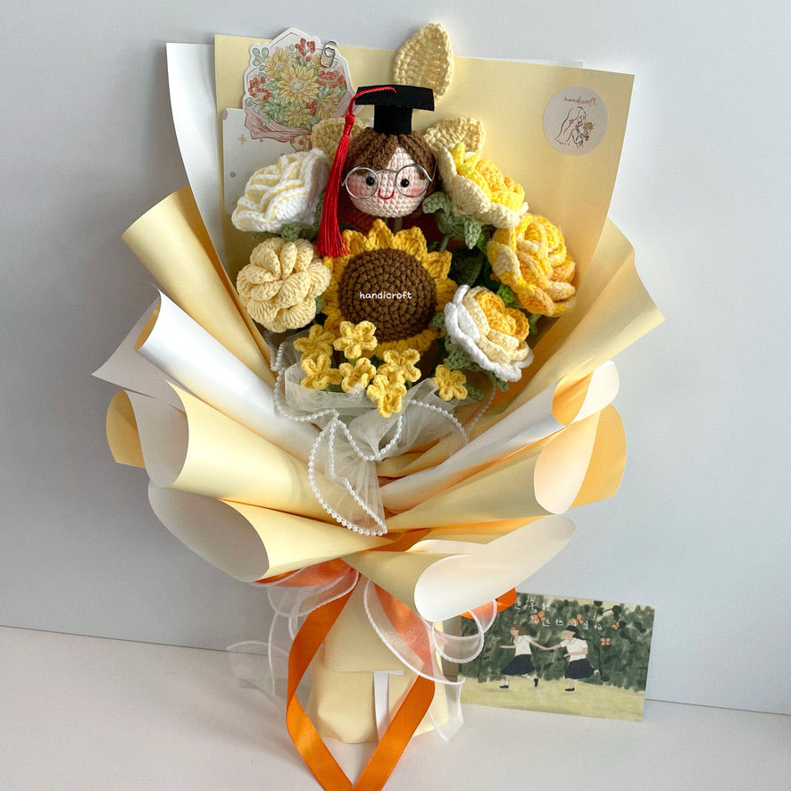 handicroft handmade crochet yellow graduation flower bouquet sunshine of success