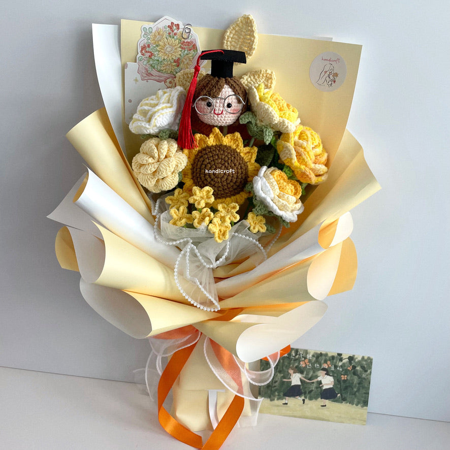handicroft handmade crochet yellow graduation flower bouquet sunshine of success