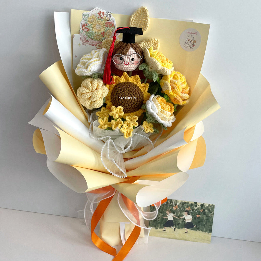 handicroft handmade crochet yellow graduation flower bouquet sunshine of success