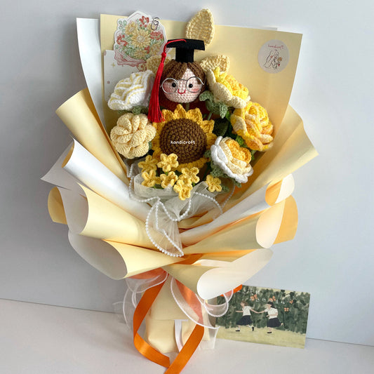 handicroft handmade crochet yellow graduation flower bouquet sunshine of success