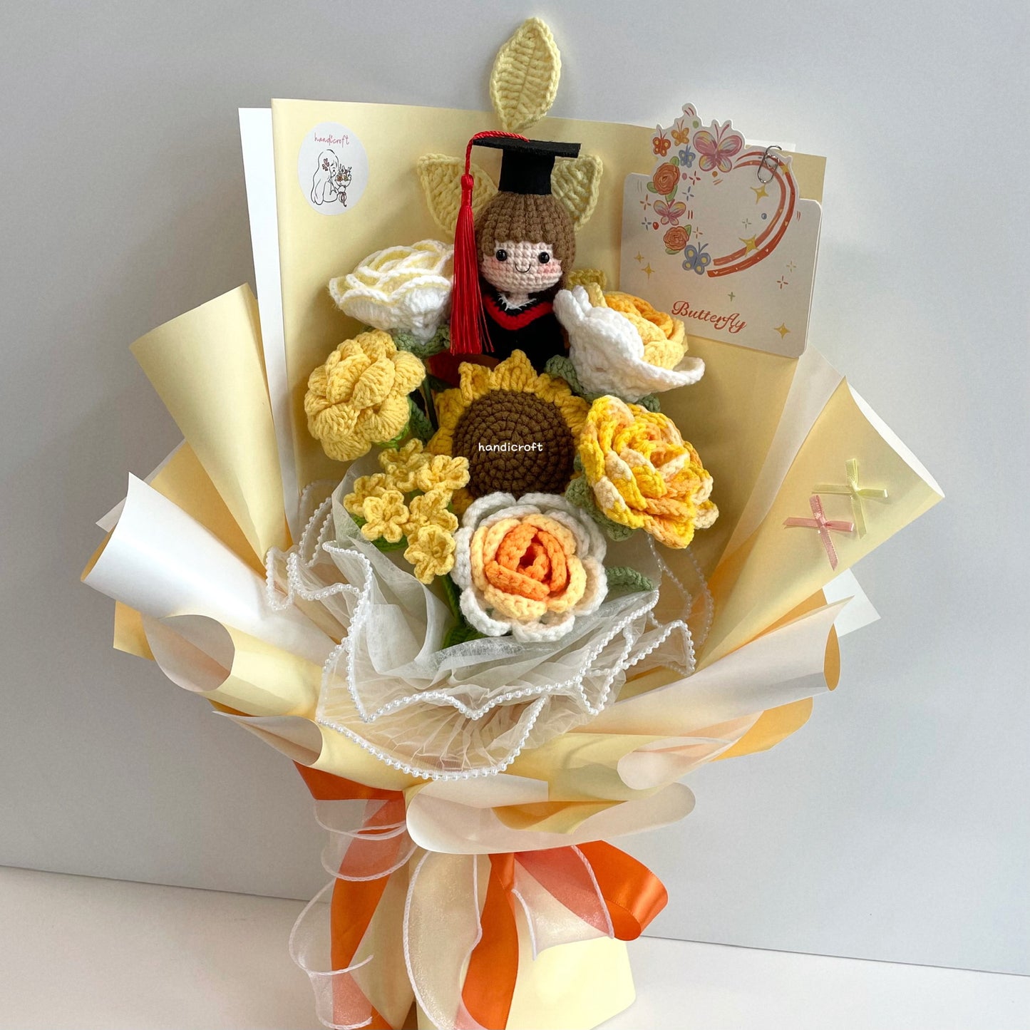handicroft handmade crochet yellow graduation flower bouquet sunshine of success