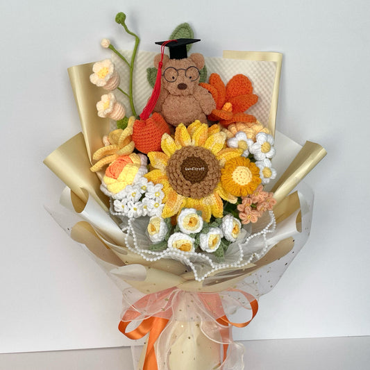 handicroft handmade crochet yellow orange jellycat inspired bartholomew bear plush graduation big flower bouquet beary sunny side up