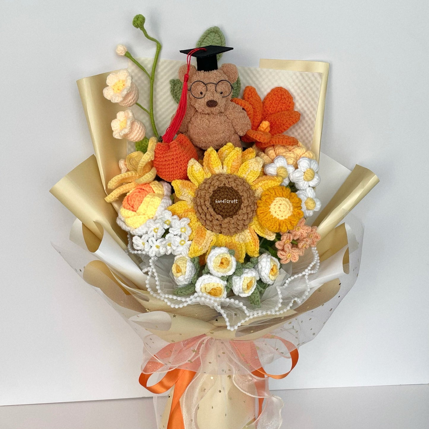 handicroft handmade crochet yellow orange jellycat inspired bartholomew bear plush graduation big flower bouquet beary sunny side up
