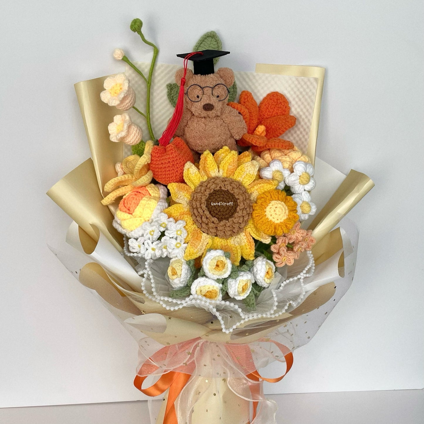 handicroft handmade crochet yellow orange jellycat inspired bartholomew bear plush graduation big flower bouquet beary sunny side up