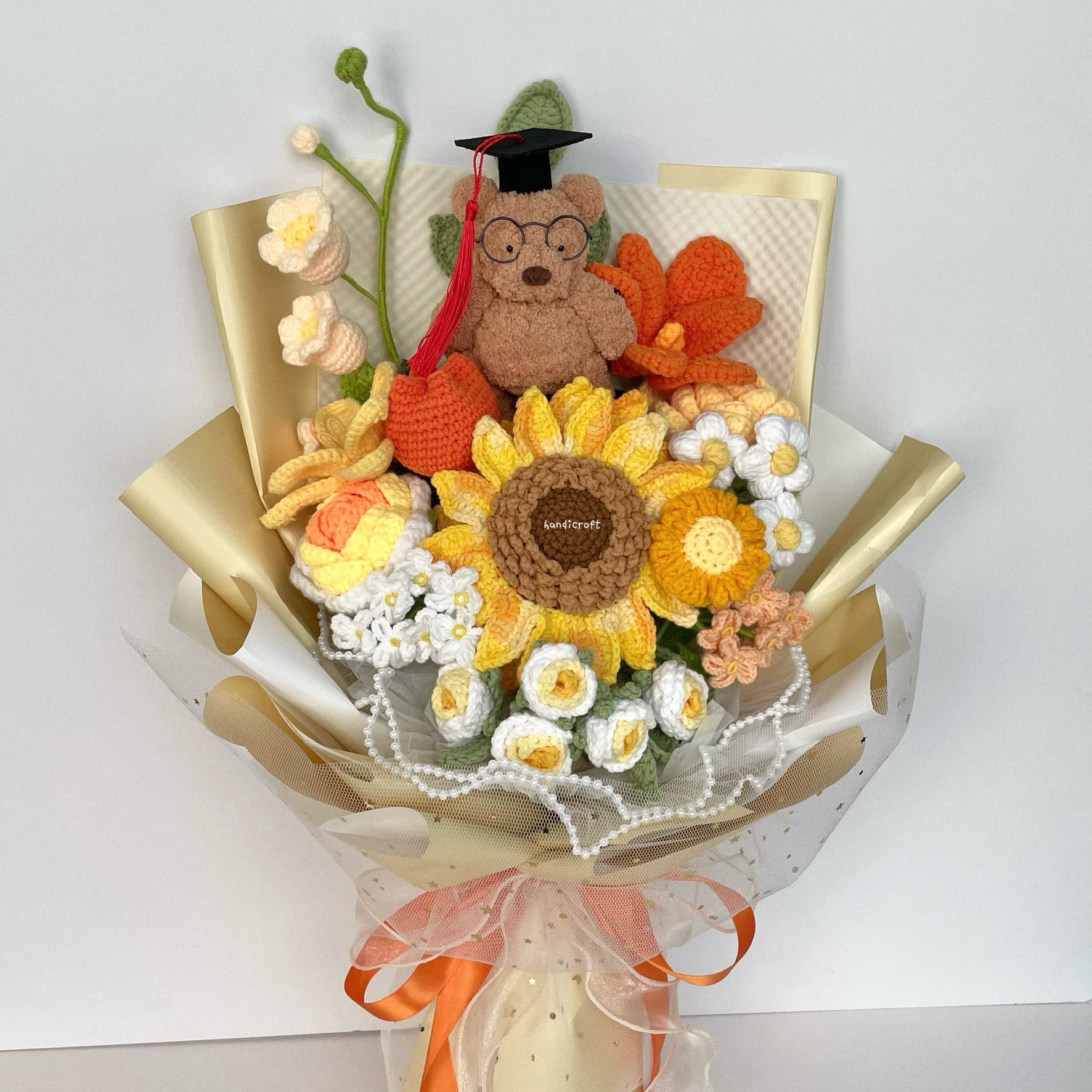handicroft handmade crochet yellow orange jellycat inspired bartholomew bear plush graduation big flower bouquet beary sunny side up
