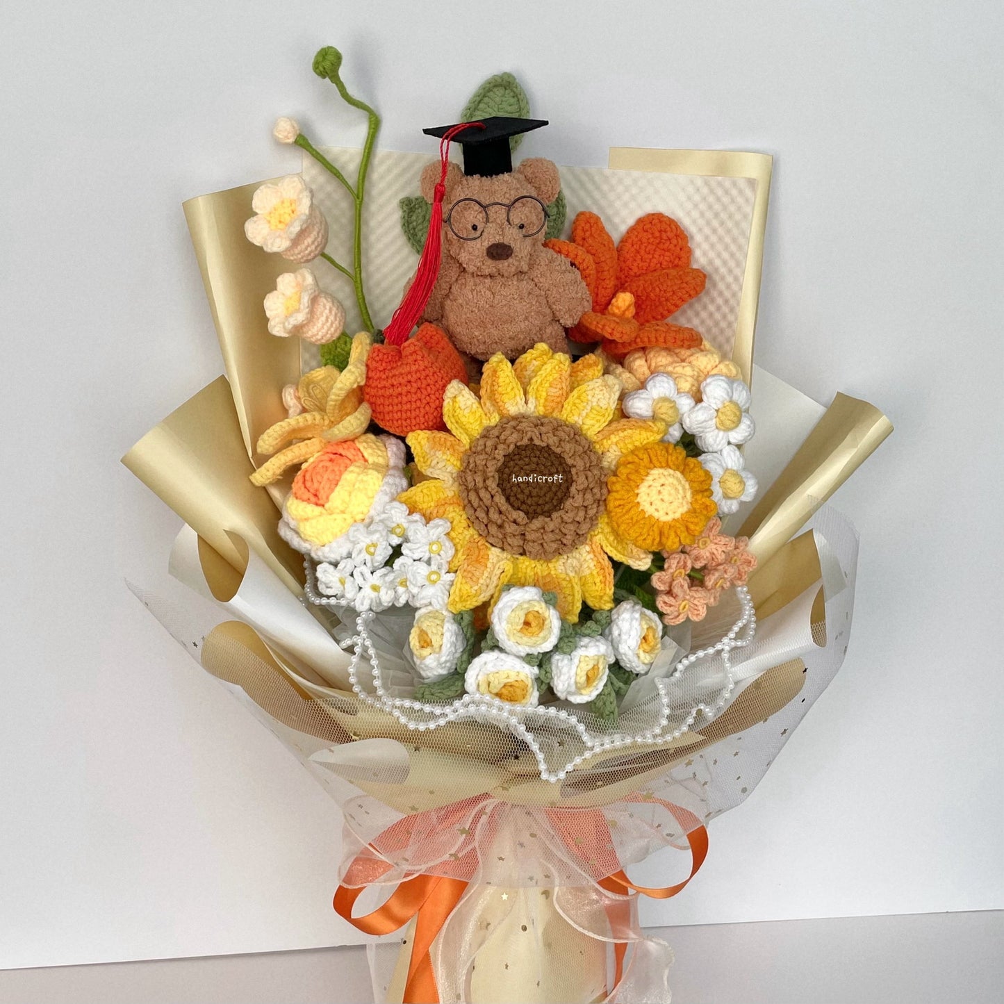 handicroft handmade crochet yellow orange jellycat inspired bartholomew bear plush graduation big flower bouquet beary sunny side up