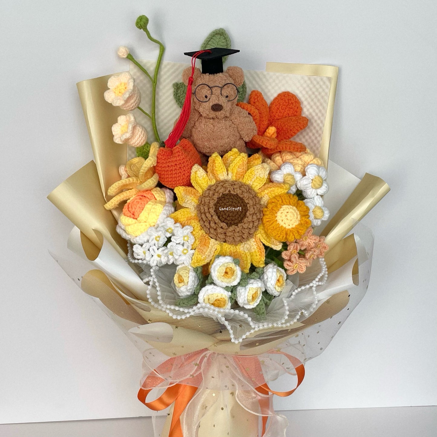 handicroft handmade crochet yellow orange jellycat inspired bartholomew bear plush graduation big flower bouquet beary sunny side up