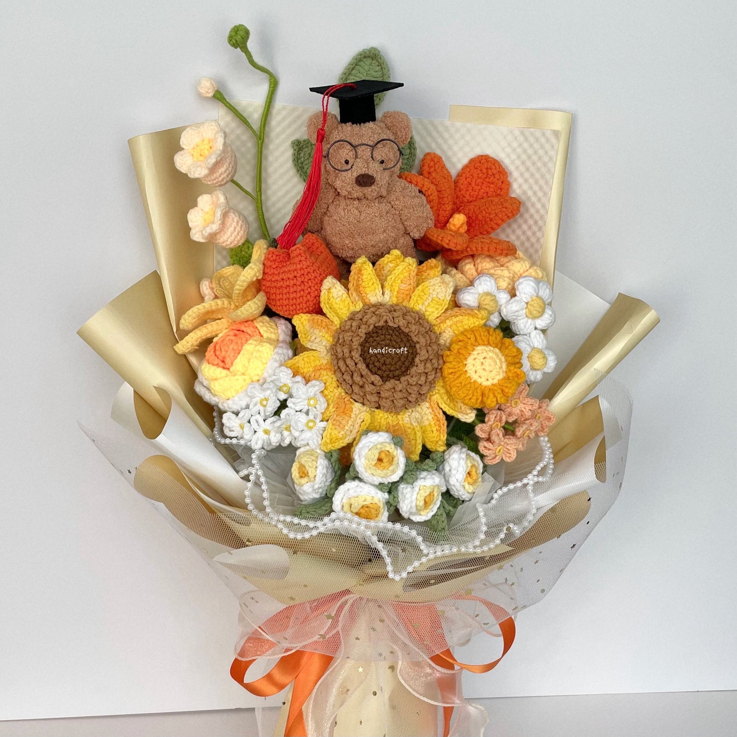 handicroft handmade crochet yellow orange jellycat inspired bartholomew bear plush graduation big flower bouquet beary sunny side up