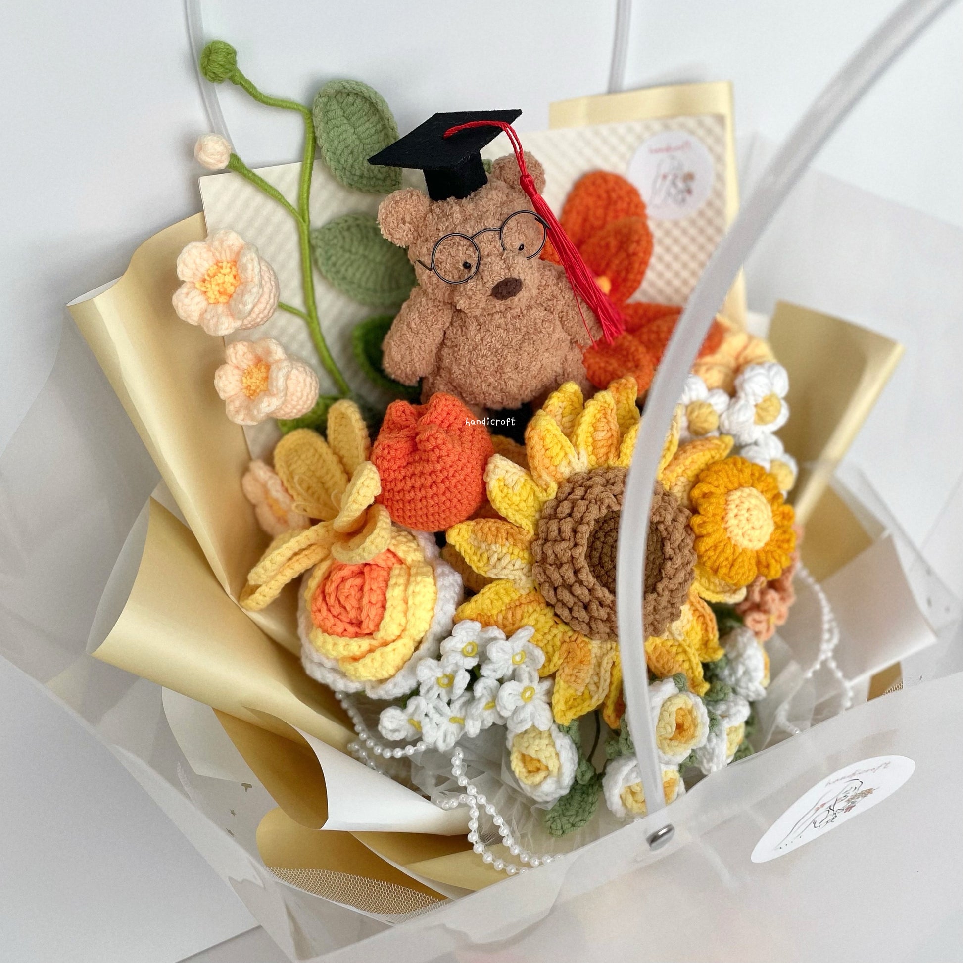 handicroft handmade crochet yellow orange jellycat inspired bartholomew bear plush graduation big flower bouquet beary sunny side up