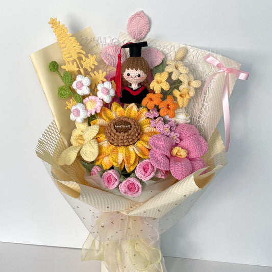handicroft handmade crochet yellow pink graduation flower bouquet dreams in daylight