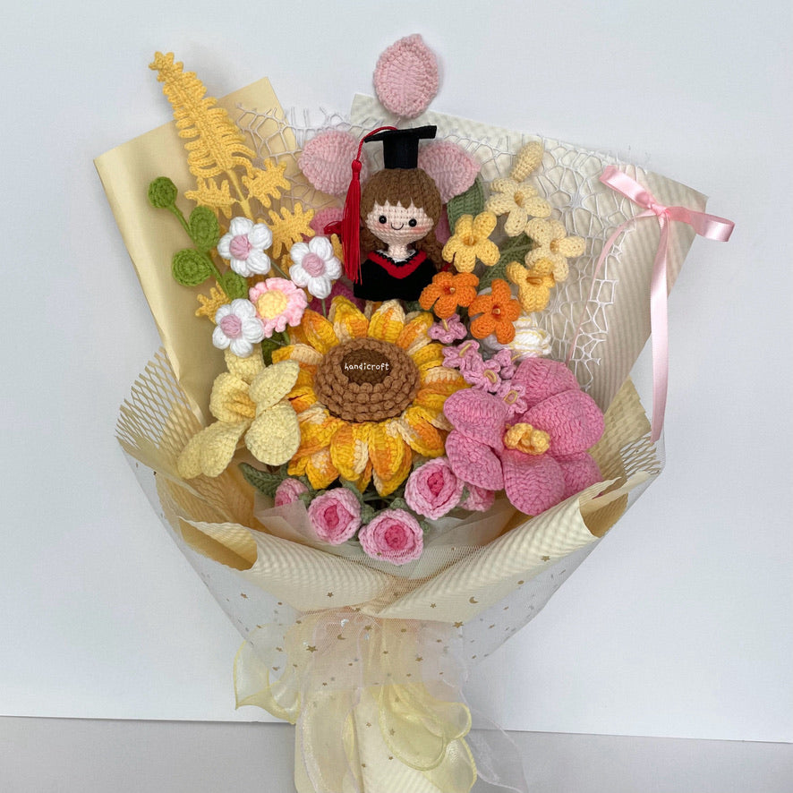 handicroft handmade crochet yellow pink graduation flower bouquet dreams in daylight