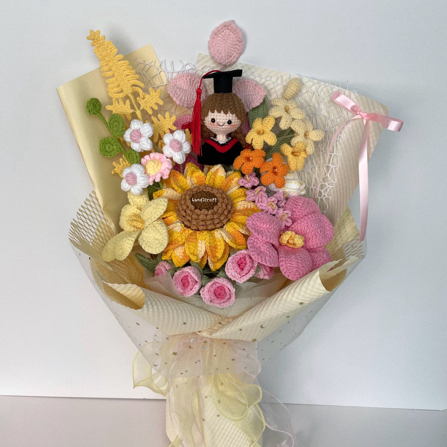 handicroft handmade crochet yellow pink graduation flower bouquet dreams in daylight
