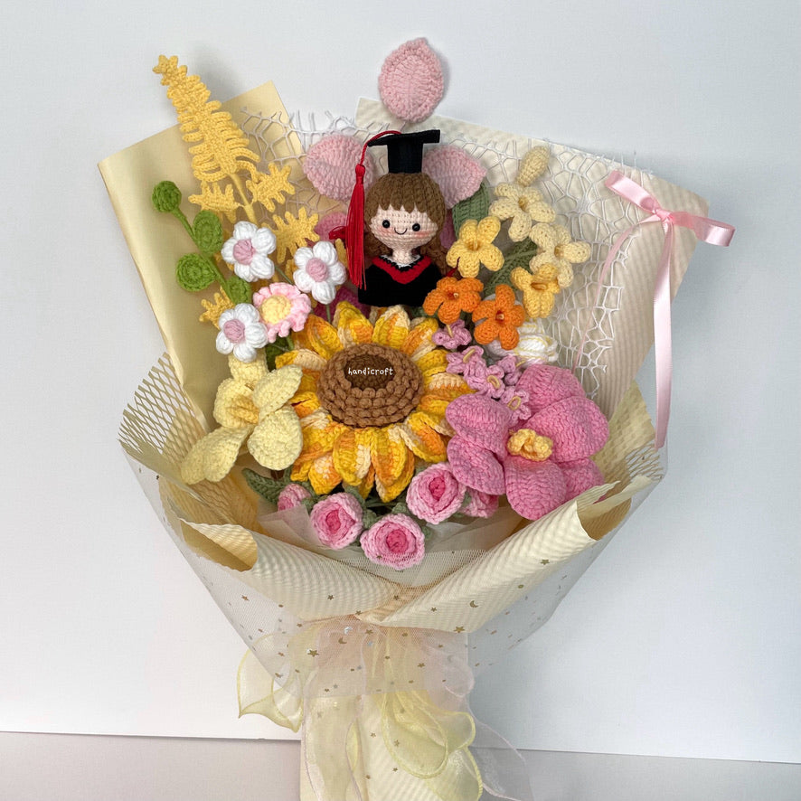 handicroft handmade crochet yellow pink graduation flower bouquet dreams in daylight