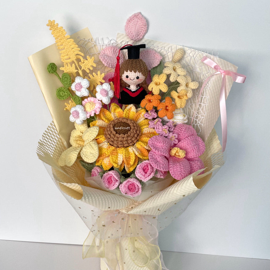 handicroft handmade crochet yellow pink graduation flower bouquet dreams in daylight