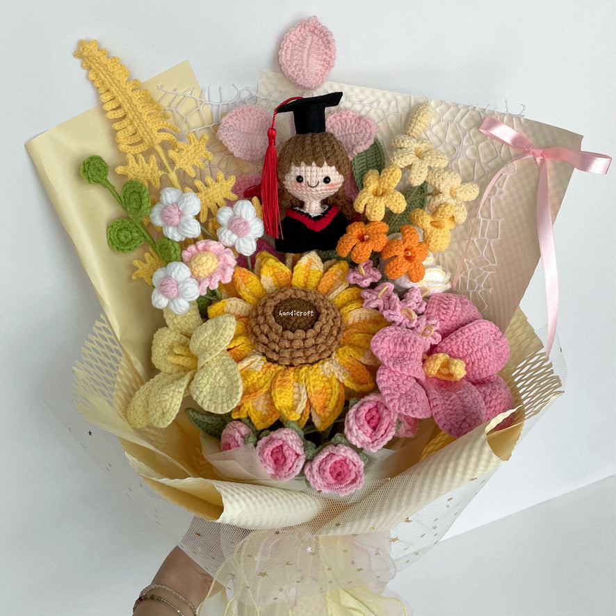 handicroft handmade crochet yellow pink graduation flower bouquet dreams in daylight