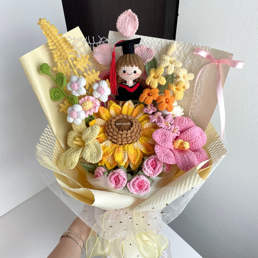 handicroft handmade crochet yellow pink graduation flower bouquet dreams in daylight