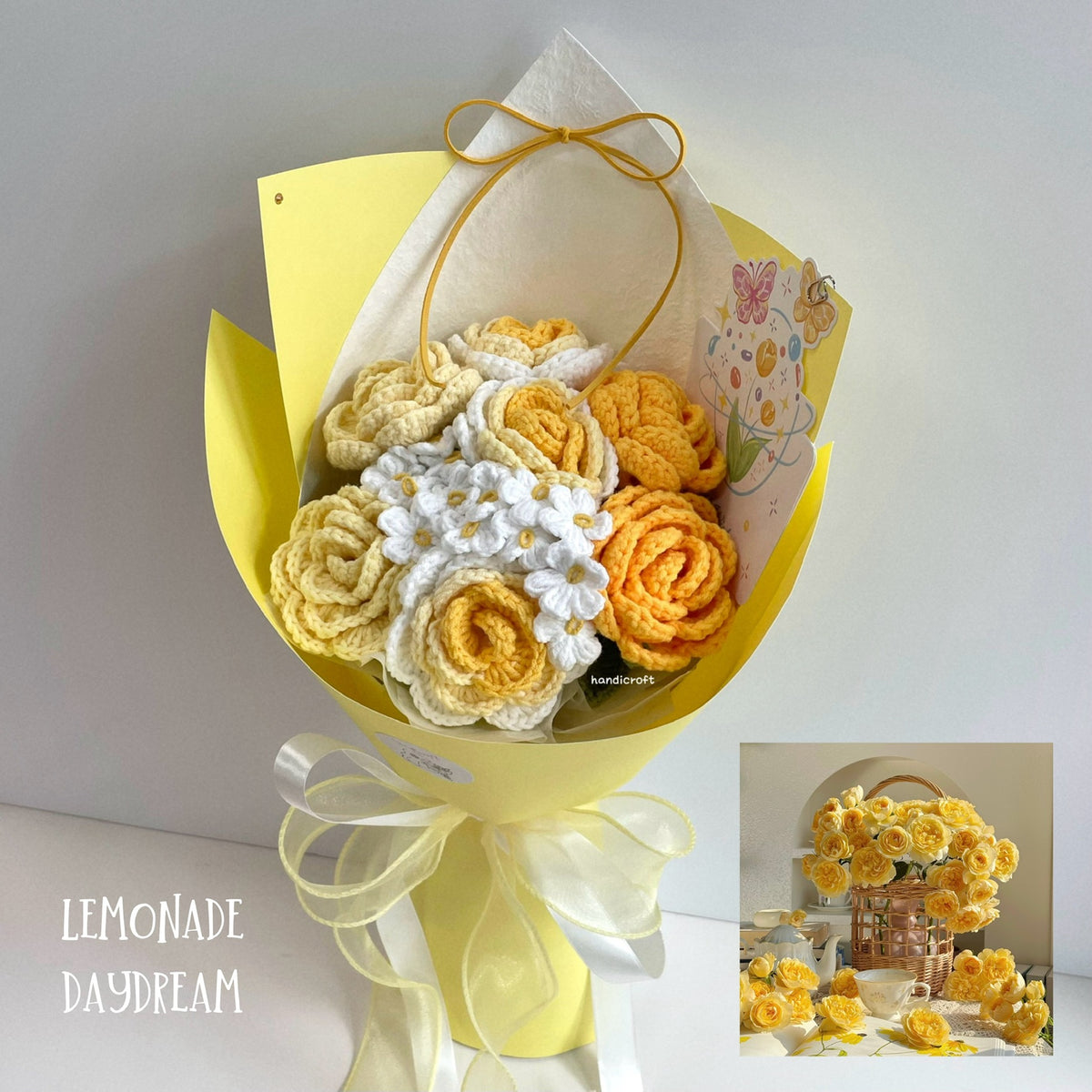 handicroft handmade crochet yellow roses flower bouquet lemonade daydream