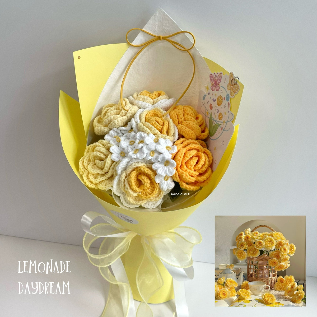handicroft handmade crochet yellow roses flower bouquet lemonade daydream