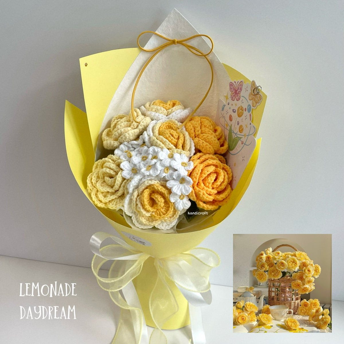 handicroft handmade crochet yellow roses flower bouquet lemonade daydream
