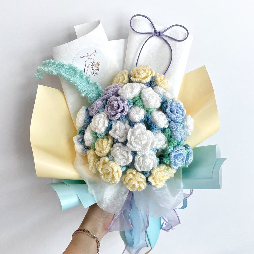 handicroft handmade crochet yellow white blue mint shiny glittery flower bouquet beachcomber's bliss
