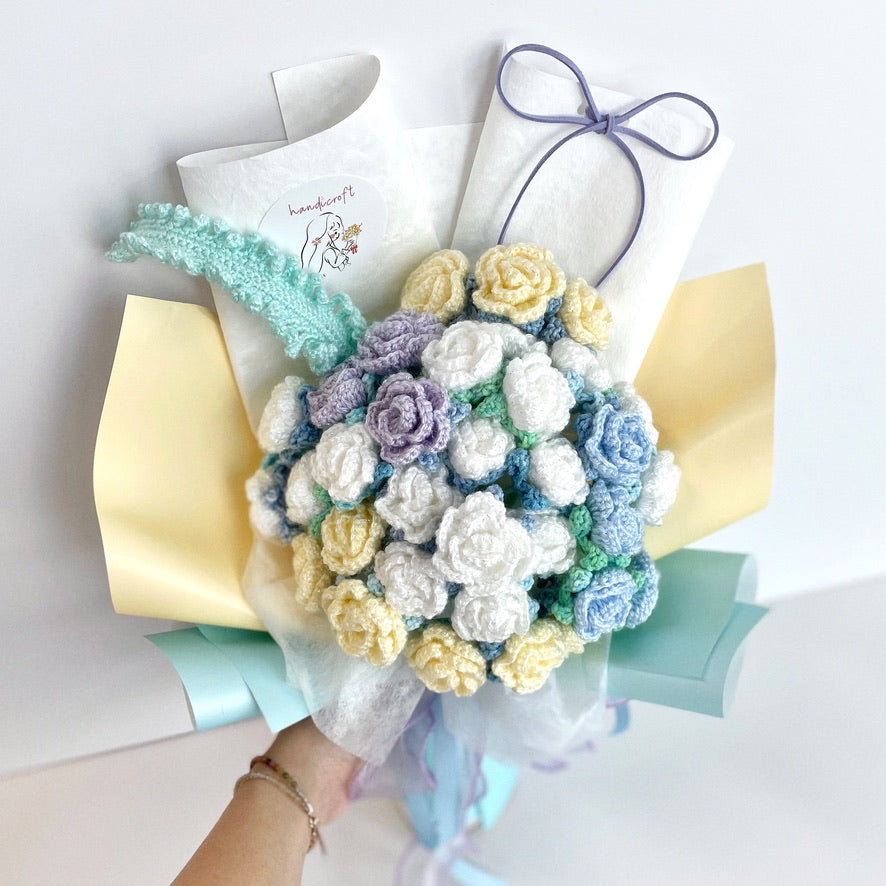 handicroft handmade crochet yellow white blue mint shiny glittery flower bouquet beachcomber's bliss