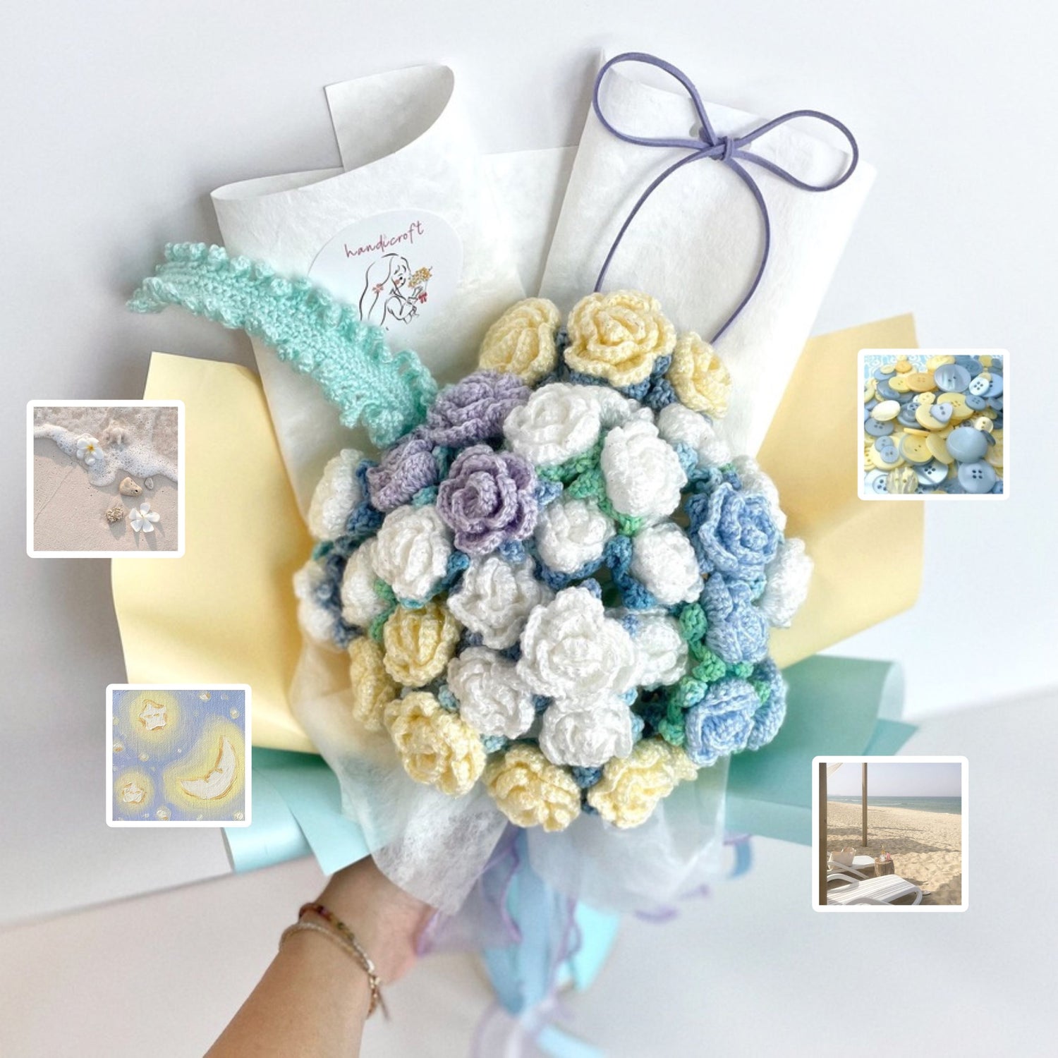handicroft handmade crochet yellow white blue mint shiny glittery flower bouquet beachcomber's bliss