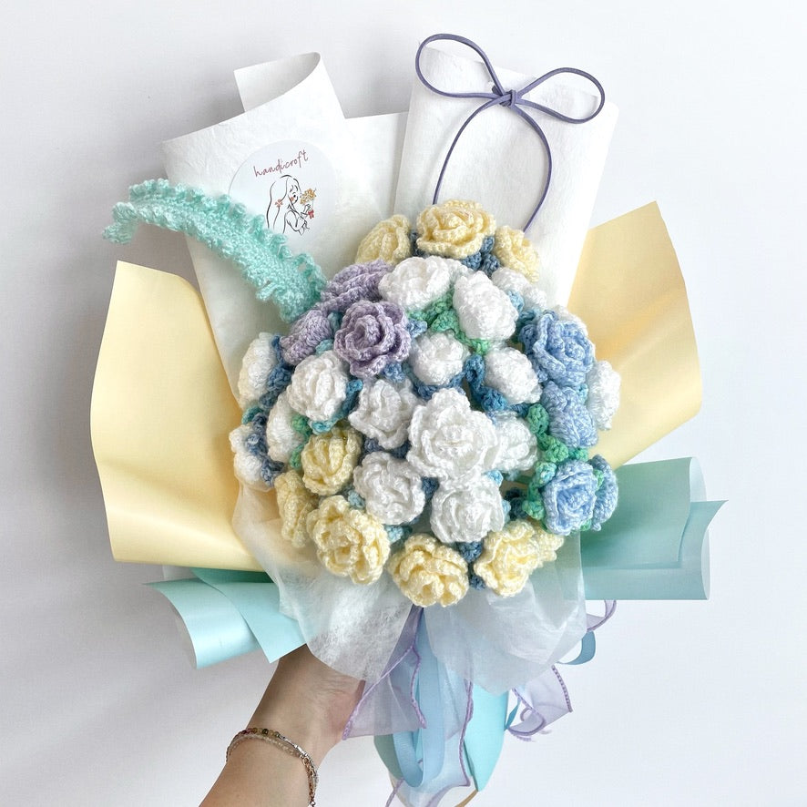 handicroft handmade crochet yellow white blue mint shiny glittery flower bouquet beachcomber's bliss
