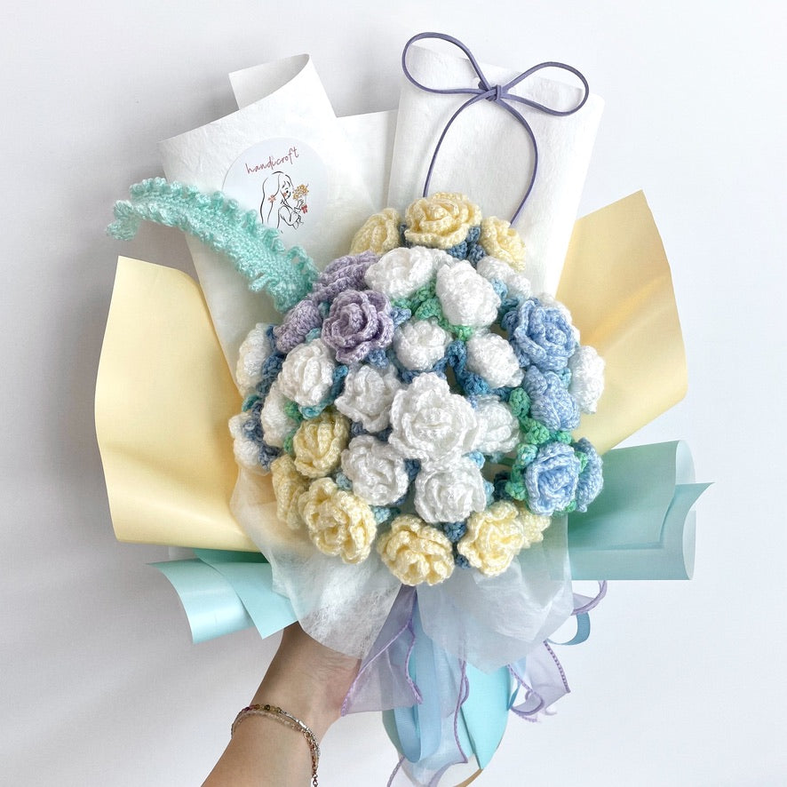 handicroft handmade crochet yellow white blue mint shiny glittery flower bouquet beachcomber's bliss