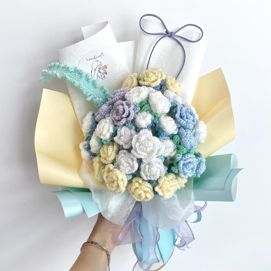 handicroft handmade crochet yellow white blue mint shiny glittery flower bouquet beachcomber's bliss