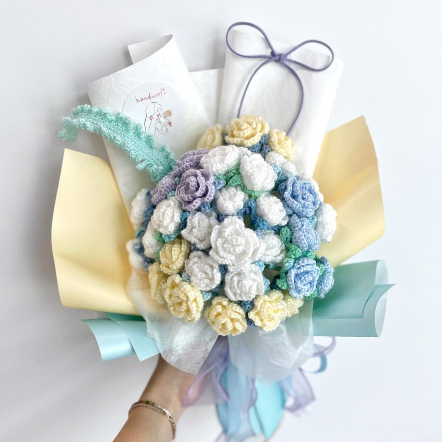 handicroft handmade crochet yellow white blue mint shiny glittery flower bouquet beachcomber's bliss