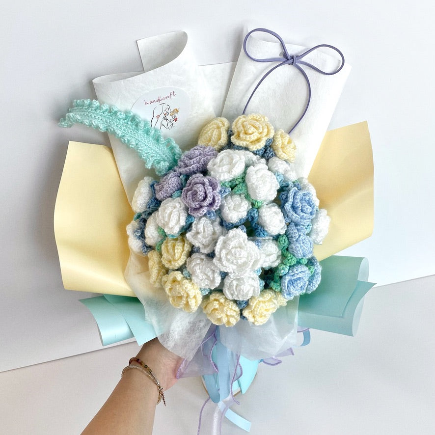 handicroft handmade crochet yellow white blue mint shiny glittery flower bouquet beachcomber's bliss