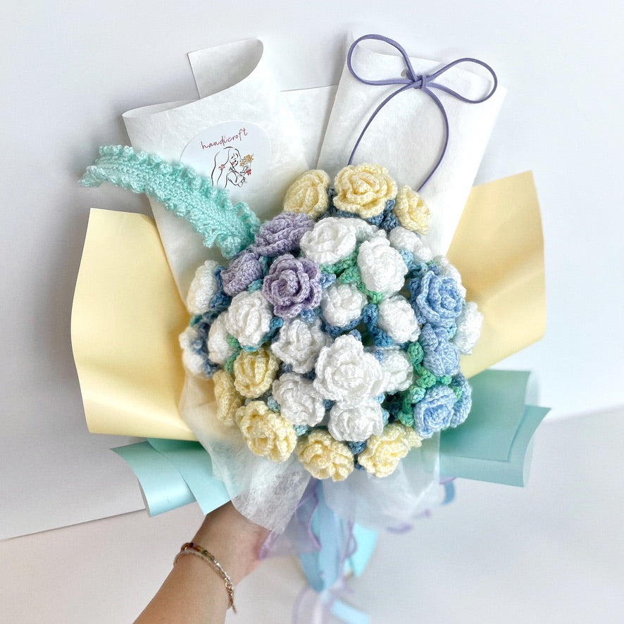 handicroft handmade crochet yellow white blue mint shiny glittery flower bouquet beachcomber's bliss