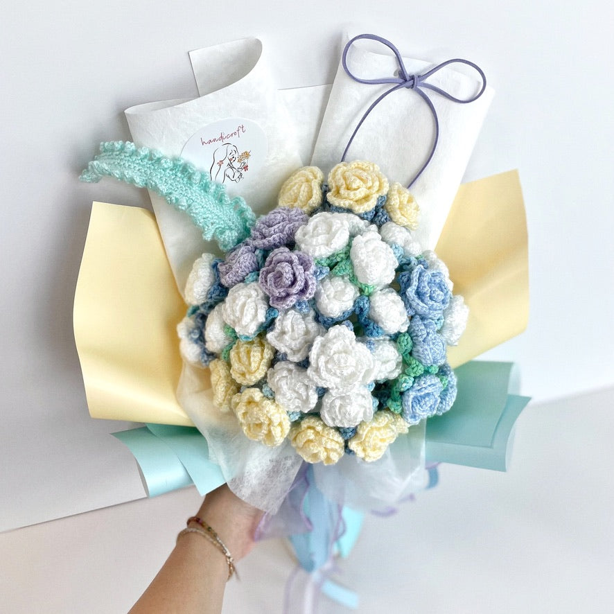 handicroft handmade crochet yellow white blue mint shiny glittery flower bouquet beachcomber's bliss