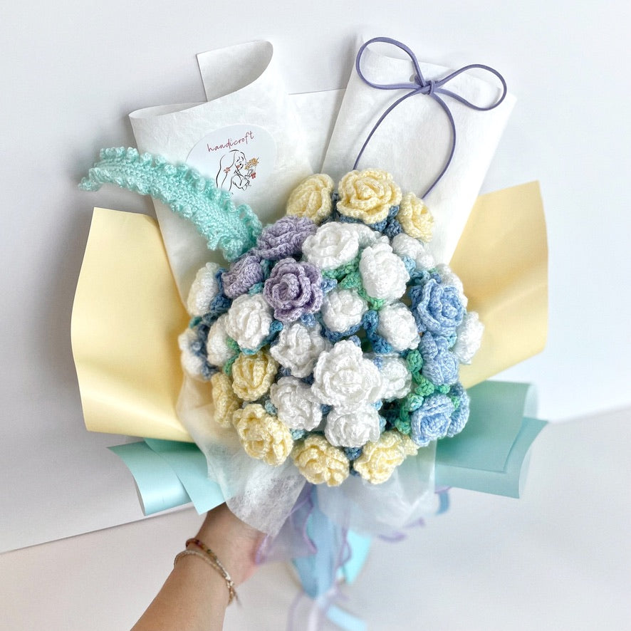 handicroft handmade crochet yellow white blue mint shiny glittery flower bouquet beachcomber's bliss