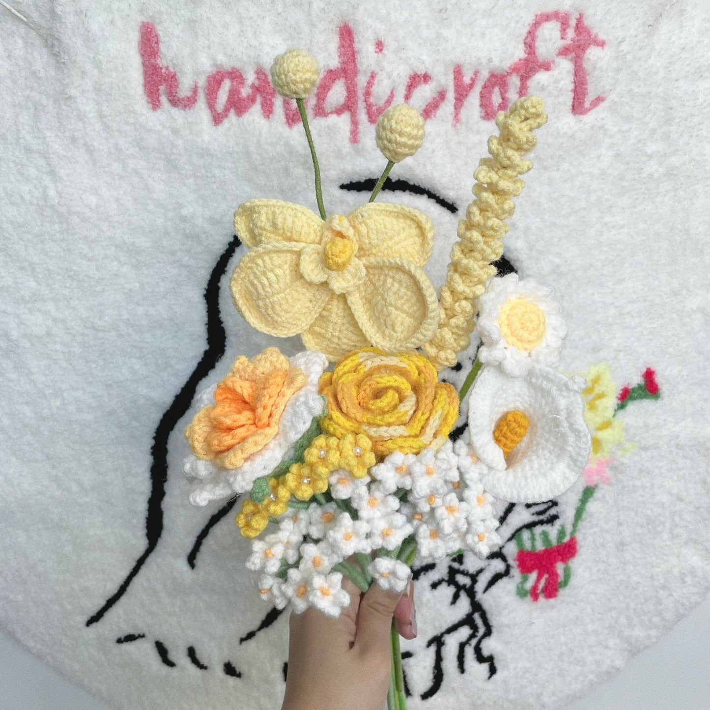 handicroft handmade crochet yellow & white flower bouquet orchid sunshine