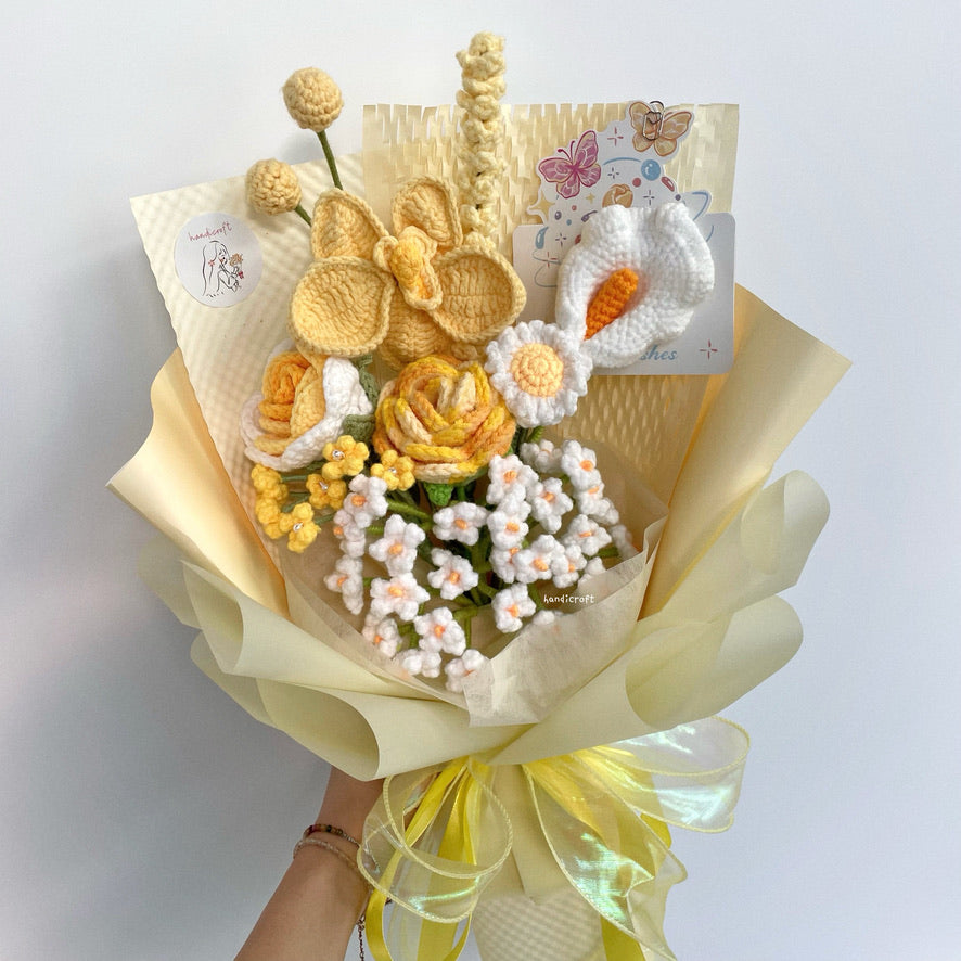 handicroft handmade crochet yellow & white flower bouquet orchid sunshine