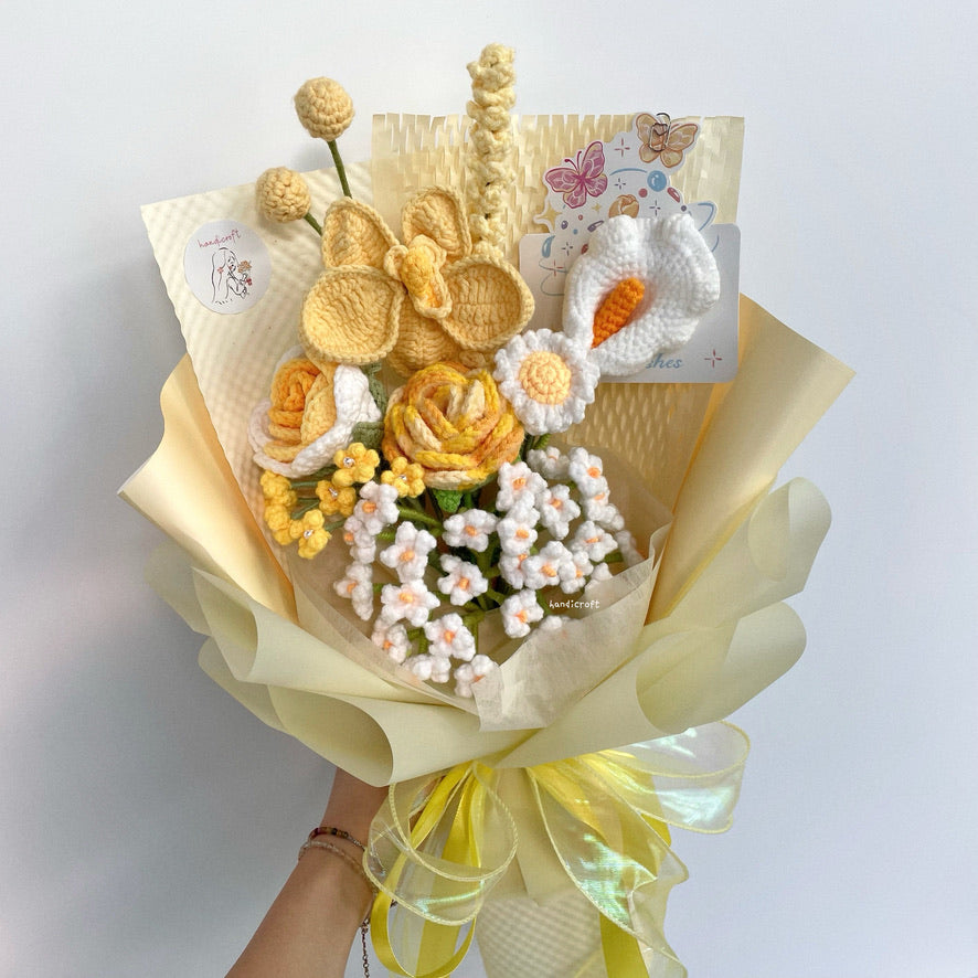handicroft handmade crochet yellow & white flower bouquet orchid sunshine