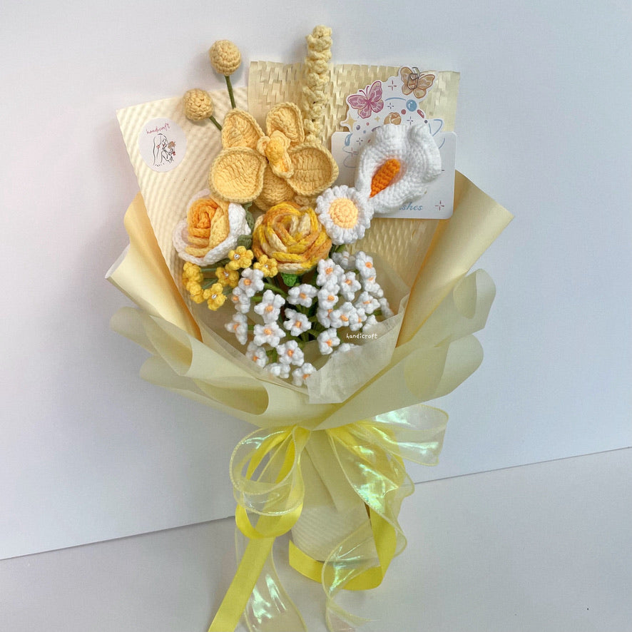 handicroft handmade crochet yellow & white flower bouquet orchid sunshine