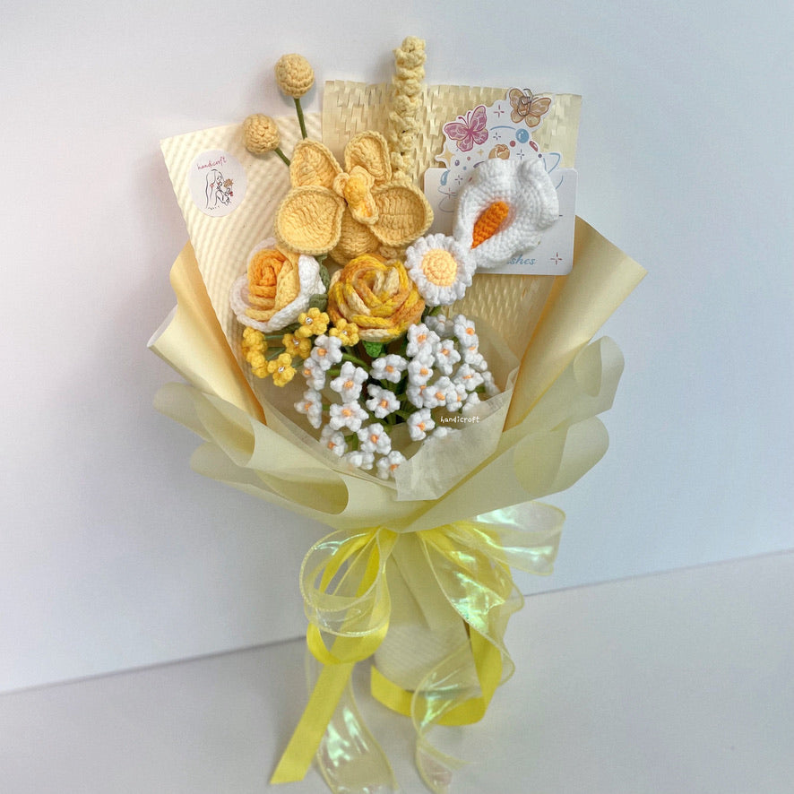 handicroft handmade crochet yellow & white flower bouquet orchid sunshine