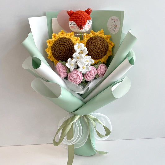 handicroft handmade fox animal character crochet flower bouquet fox in bloom