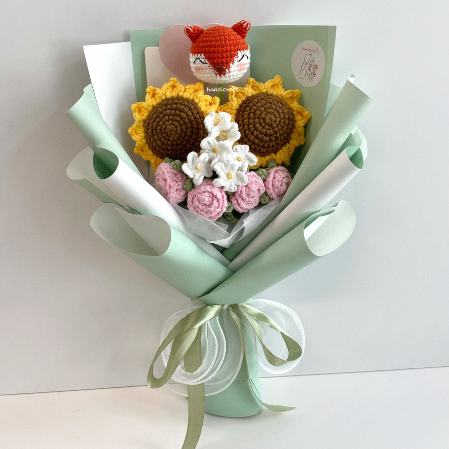 handicroft handmade fox animal character crochet flower bouquet fox in bloom