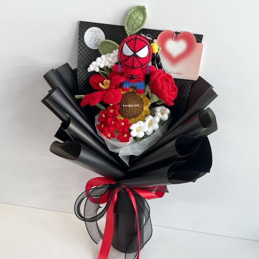 handicroft handmade spider superhero crochet flower bouquet web of love red