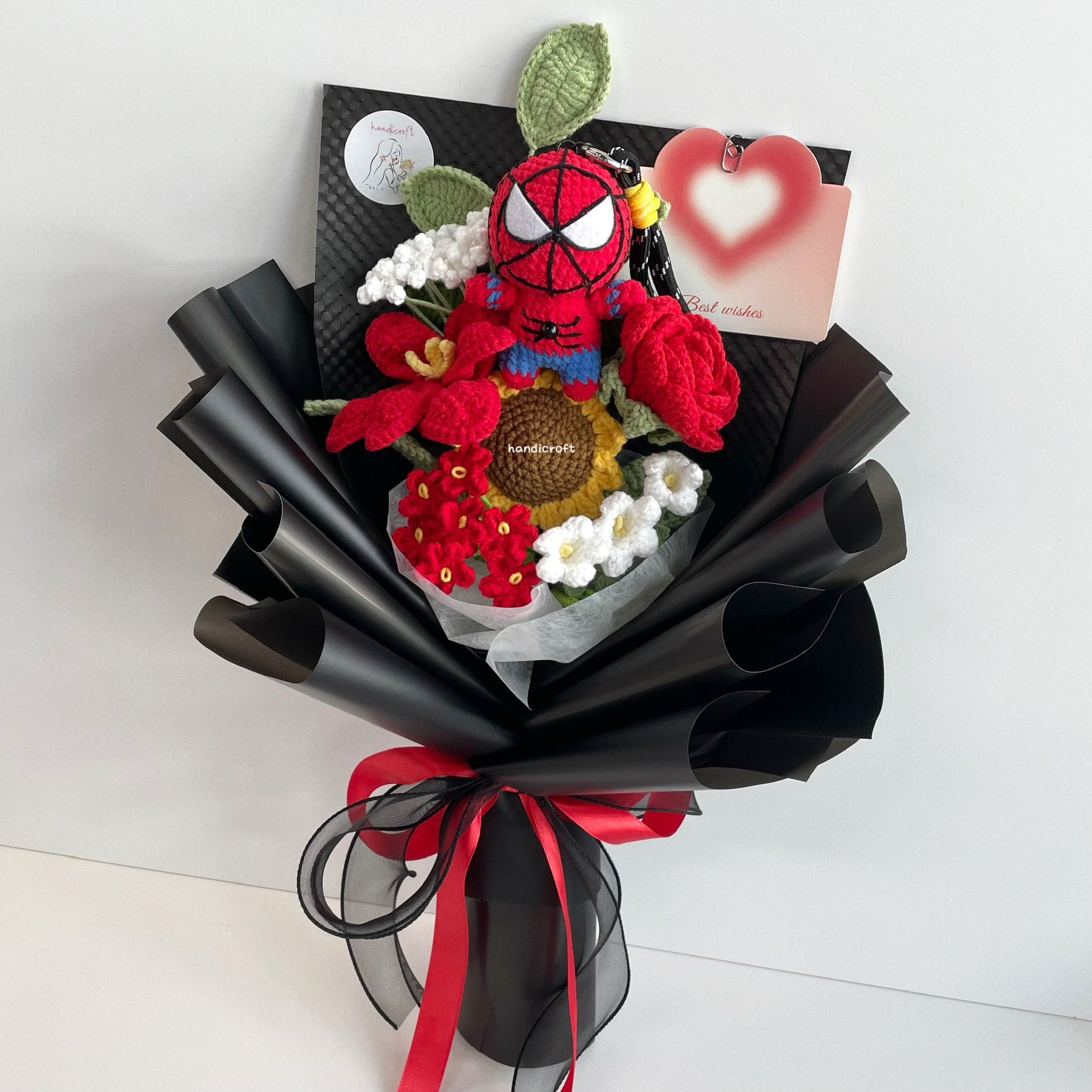 handicroft handmade spider superhero crochet flower bouquet web of love red