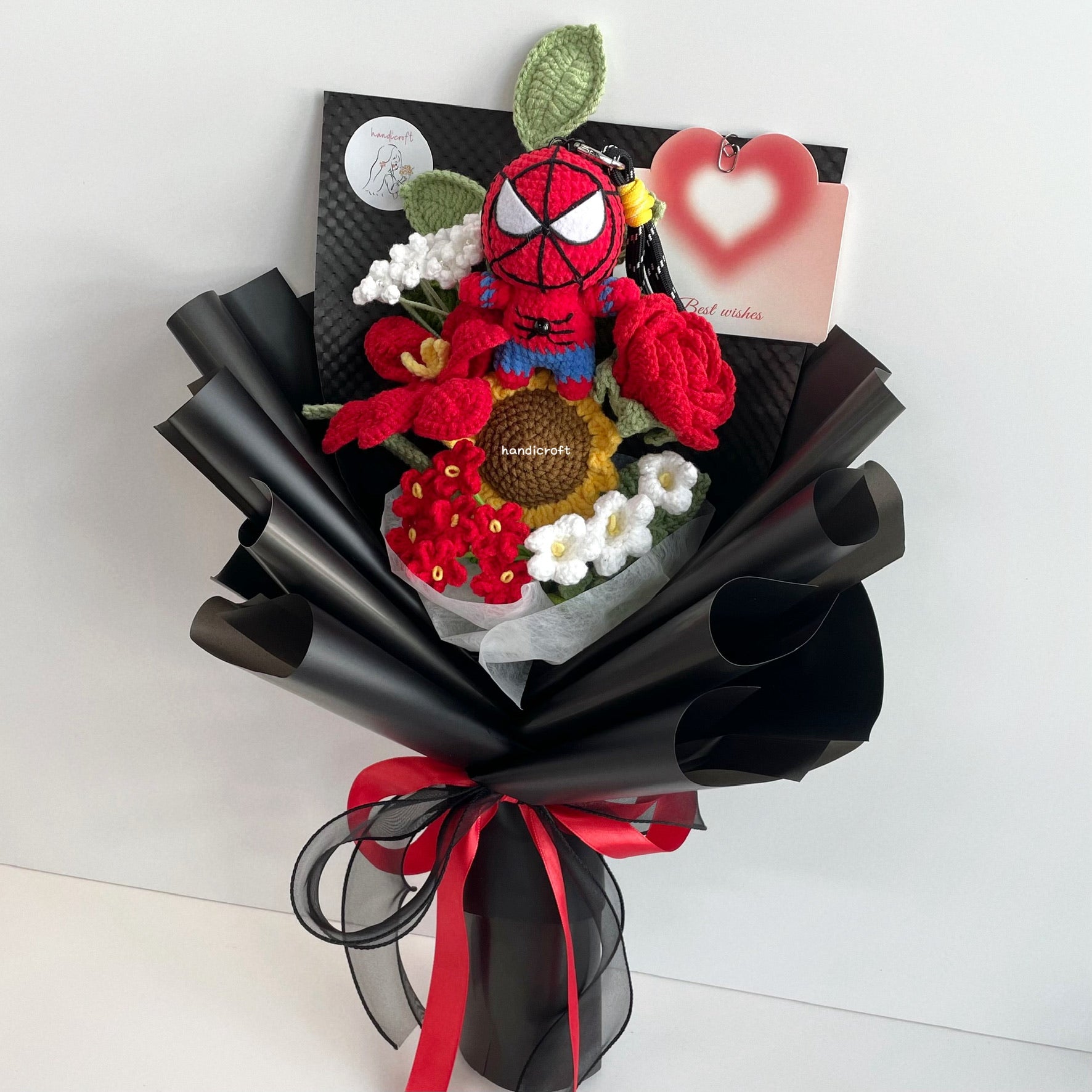 handicroft handmade spider superhero crochet flower bouquet web of love red