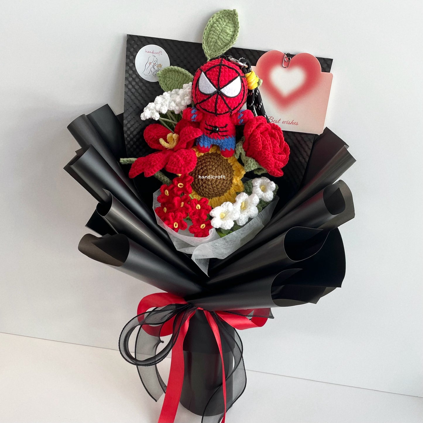 handicroft handmade spider superhero crochet flower bouquet web of love red