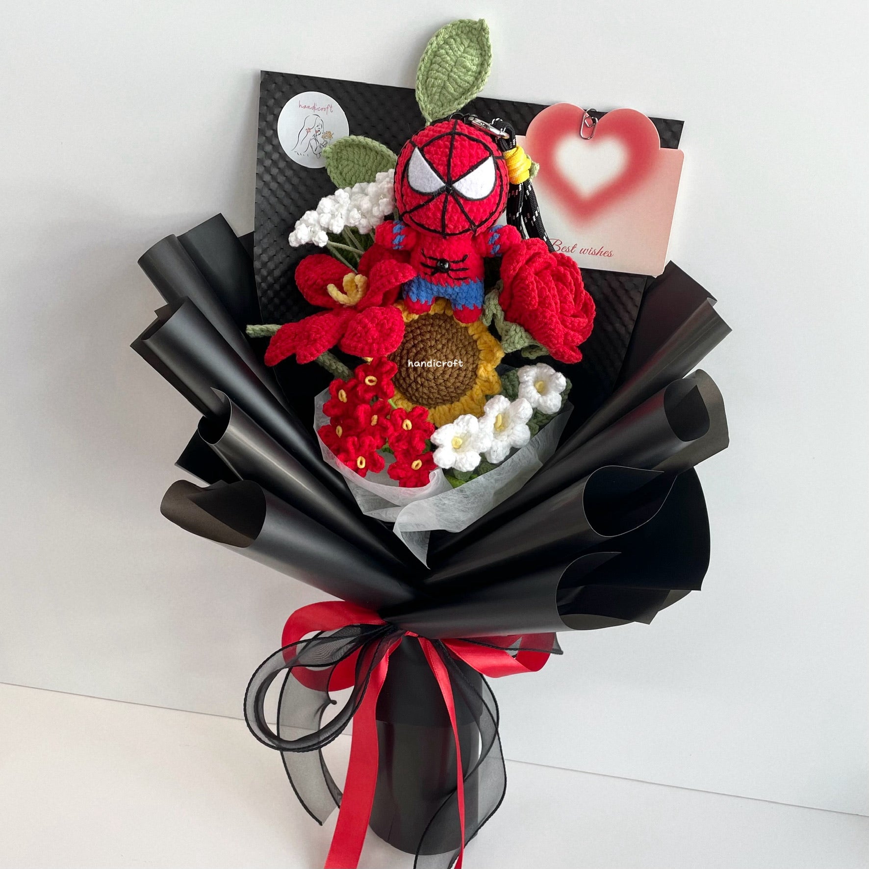 handicroft handmade spider superhero crochet flower bouquet web of love red